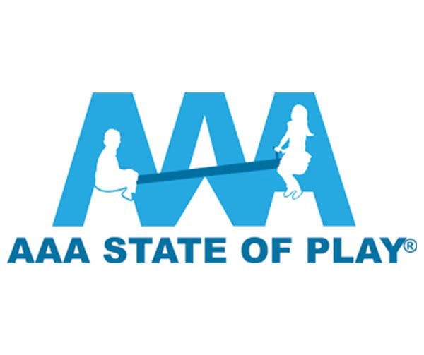 Logo for AAA State of Play with two large blue "A" letters and one large "M" in the background, featuring silhouettes of children on a seesaw.