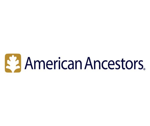The American Ancestors logo featuring a white oak leaf icon in a gold square next to the words "American Ancestors" in dark blue text on a white background.
