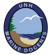 unh marine docents logo featuring a seagull, shoreline, ocean, and trees inside a blue oval with the text “unh marine docents” around the border.
