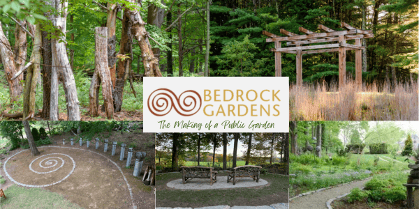 a collage of garden features at bedrock gardens, including sculptures, a wooden pergola, a spiral path, benches, and landscaped plants with the bedrock gardens logo in the center.