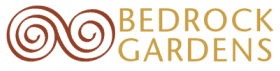 Logo with two spiral shapes on the left and the text "BEDROCK GARDENS" in capital letters on the right, all in yellow on a brown background.