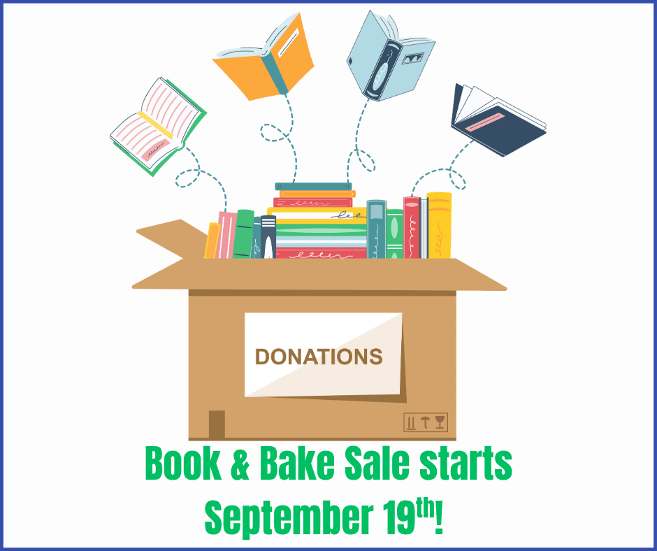 an open donations box filled with books and four open books flying out. text below reads: “book & bake sale starts september 19th!”.