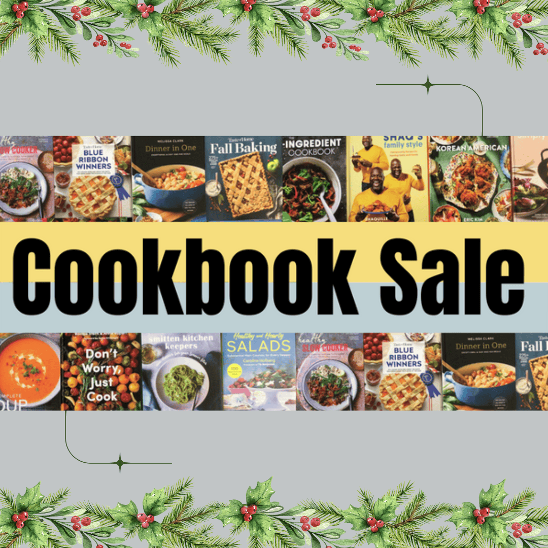 a banner featuring various cookbook covers and the words "cookbook sale" in bold letters, with a festive border of pine branches and red berries.