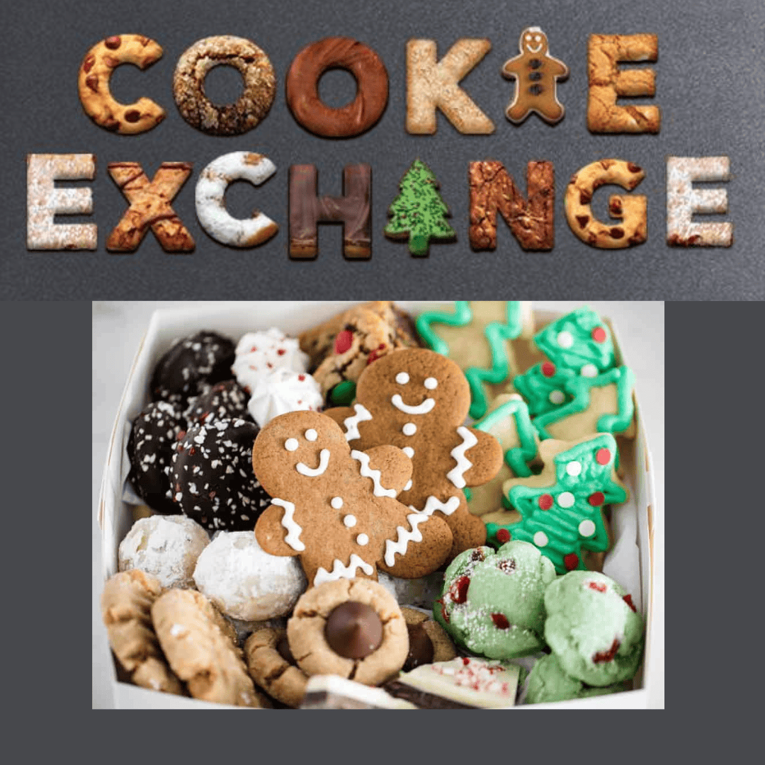 text at top reads "cookie exchange" with cookie themed letters; below is a box of assorted cookies, including gingerbread men, snowballs, and decorated christmas tree cookies.