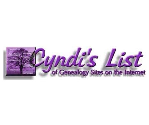 Logo for "Cyndi's List of Genealogy Sites on the Internet" featuring a purple tree graphic and purple text on a white background.