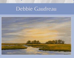 art in the library flyer featuring paintings by debbie gaudreau (a sunset landscape) and john alston (a man fishing in a sea full of fish).