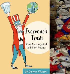 a split image showing a cartoon of uncle sam holding a trash can and a globe next to a man in a high visibility jacket standing in front of a large pile of plastic waste.