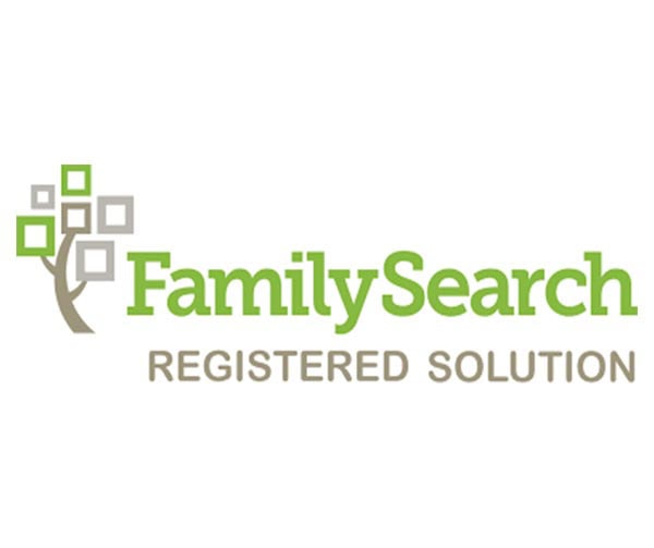 FamilySearch logo with a stylized family tree and the text "FamilySearch Registered Solution" in green and gray.