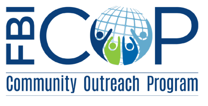 fbi community outreach program logo featuring stylized human figures reaching up toward a globe, with the acronym "cop" prominently displayed.