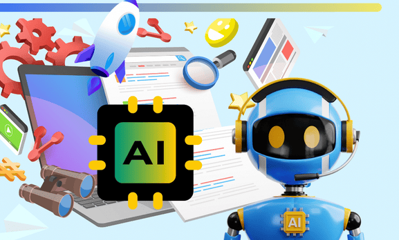 a blue robot with an ai badge stands next to an ai chip icon, with a laptop, rocket, gears, and digital tools in the background.