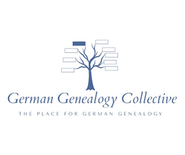 Logo for German Genealogy Collective showing a stylized tree with blank nameplates as branches and the tagline "The Place for German Genealogy" underneath.