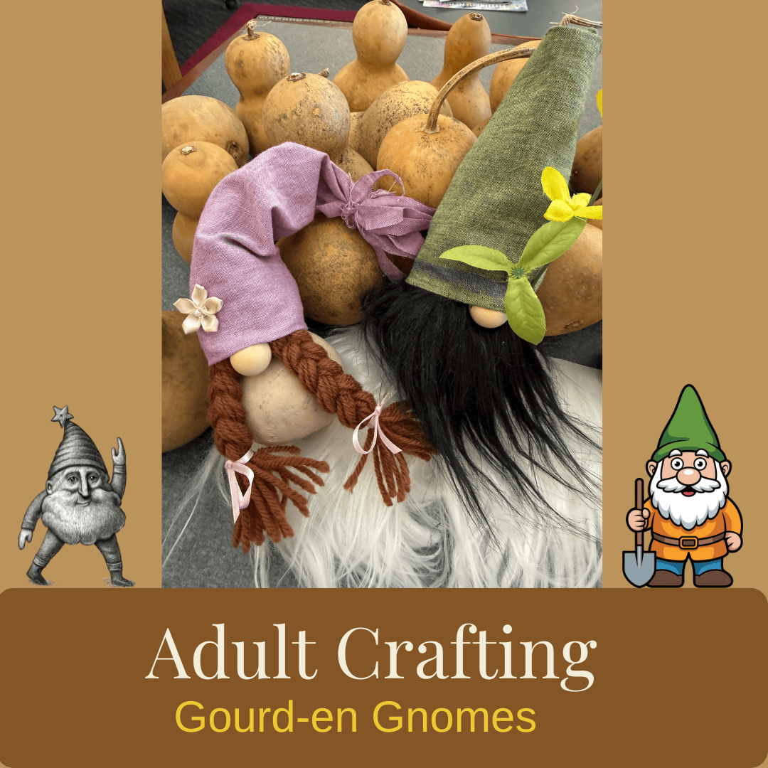 two gnome crafts made from gourds with yarn hair and fabric hats are displayed on a table, surrounded by additional plain gourds. text reads “adult crafting: gourd en gnomes.”.