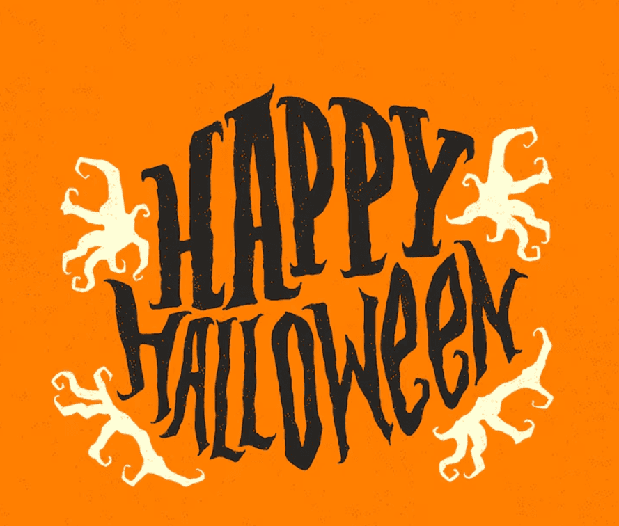 the words “happy halloween” in black, stylized lettering against an orange background, framed by four white, spiky creature like shapes.