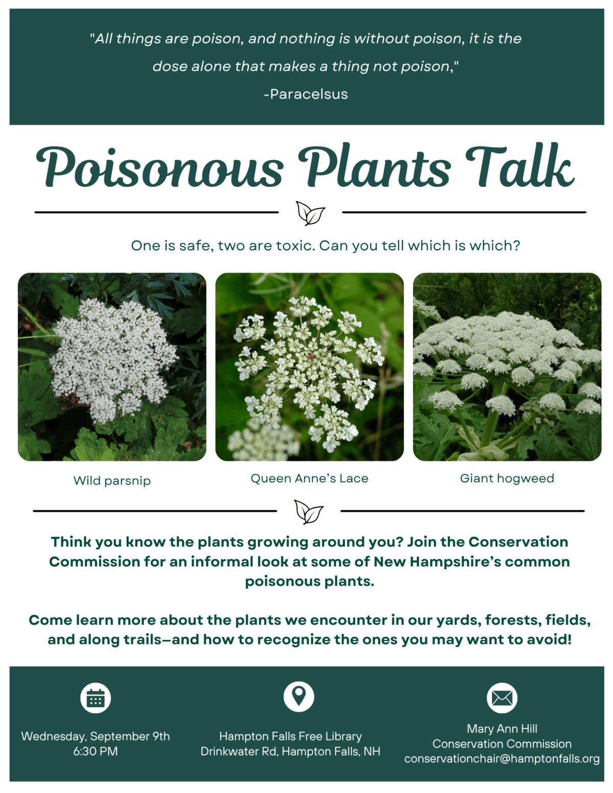 a flyer advertises a poisonous plants talk, featuring images of wild parsnip, queen anne’s lace, and giant hogweed, with event details and contact information at the bottom.