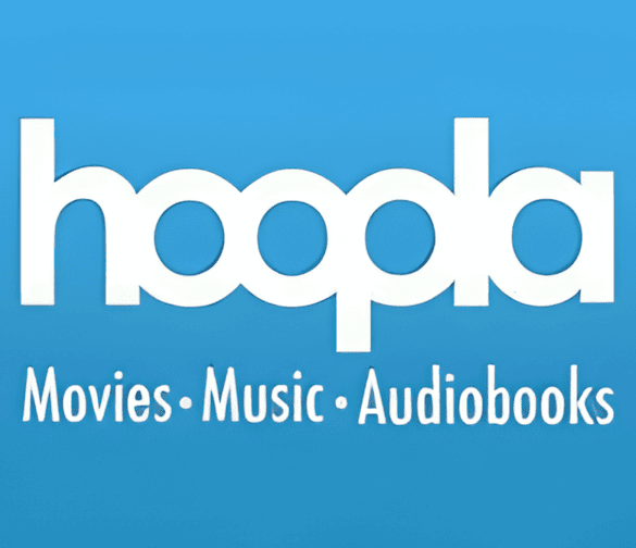Hoopla logo on a blue background with the words “Movies • Music • Audiobooks” written underneath in white text.