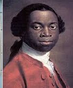 a plaque for the portsmouth black heritage trail is shown next to a painted portrait of a man in 18th century attire.