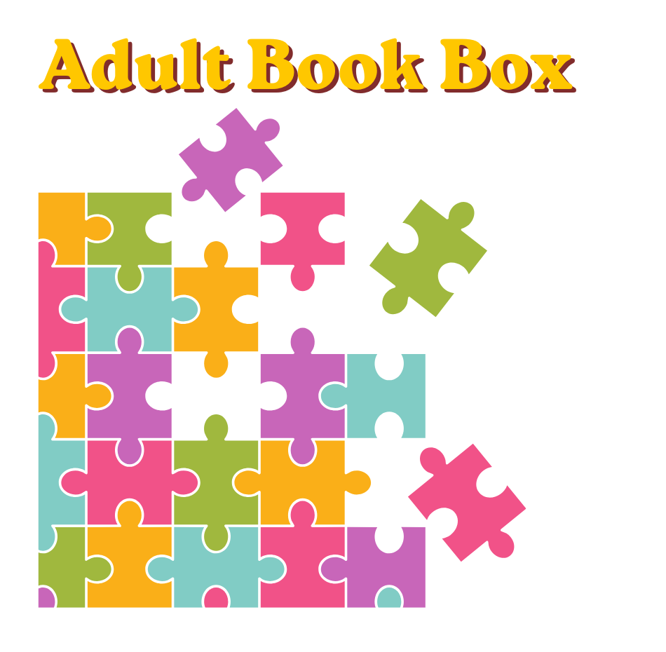 colorful puzzle pieces are arranged in the lower left corner with several pieces floating above. the words "adult book box" are in bold yellow text at the top left.