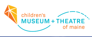 Logo for the Children's Museum and Theatre of Maine, featuring a stylized orange and yellow kite and colorful text.