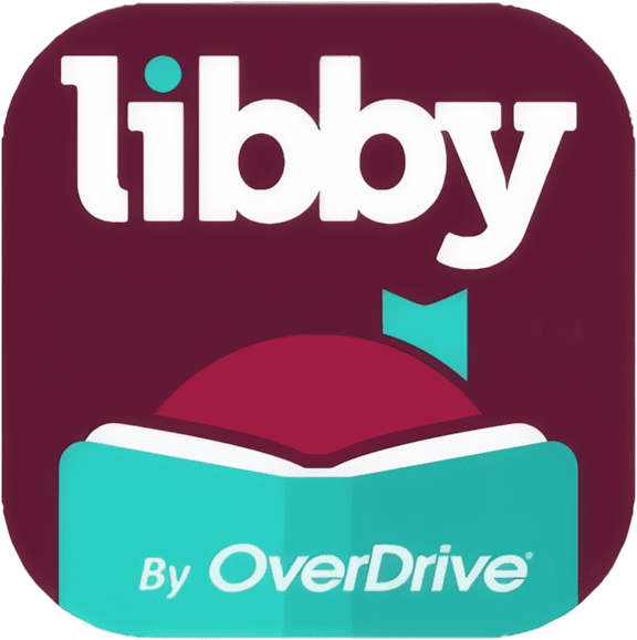 Libby app logo showing the word "libby," an open book with a maroon semicircle and teal bookmark, and "By OverDrive" at the bottom.
