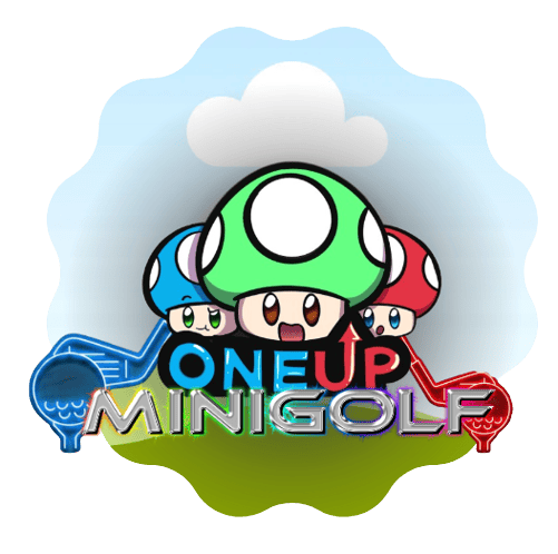 three cartoon mushrooms with faces are above bold text that reads "one up minigolf," with a cloudy sky and green field background.