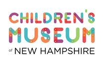 logo for the children's museum of new hampshire, with colorful letters for "children's museum" and black text for "of new hampshire" underneath.