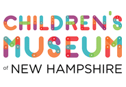 logo for the children's museum of new hampshire, featuring colorful, playful block letters above black text.