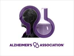 alzheimer's association logo with a purple profile of a person and a flask, symbolizing science and alzheimer's awareness.