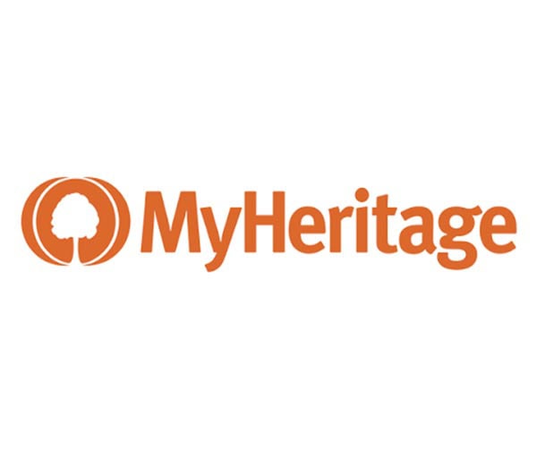 The MyHeritage logo features an orange tree icon within a circle, followed by the text "MyHeritage" in orange on a white background.