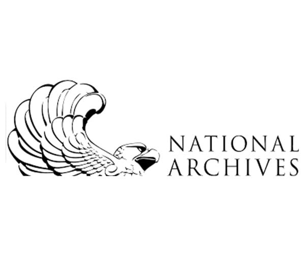 A black and white logo featuring a stylized eagle on the left and the words "National Archives" on the right.