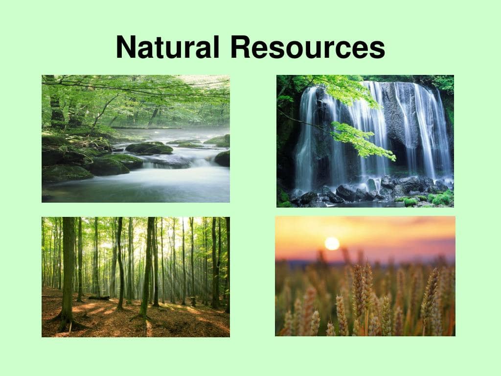 four images under the title "natural resources," showing a river, waterfall, forest, and wheat field, representing various natural resources.
