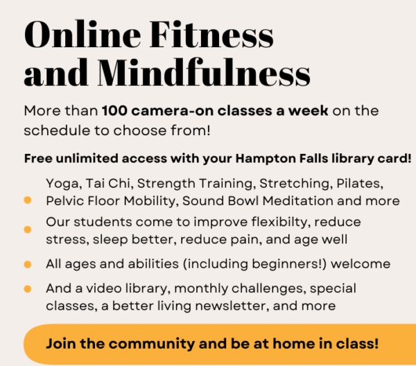 promotional flyer for ompractice's online fitness and mindfulness classes, offering free access with a hampton falls library card and listing available class types and benefits.