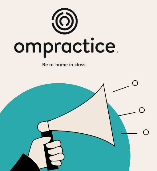 a hand holds a megaphone with sound lines and circles; above it is the text “ompractice. be at home in class.” with a circular logo.