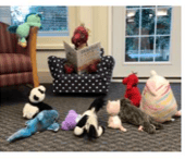 flyer for pajama story time and stuffie sleepover at the library with stuffed animals arranged around a chair where a person is reading a book.
