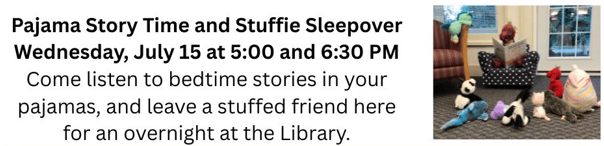 flyer for pajama story time and stuffie sleepover at the library, showing a person reading to stuffed animals arranged on the floor and a chair.