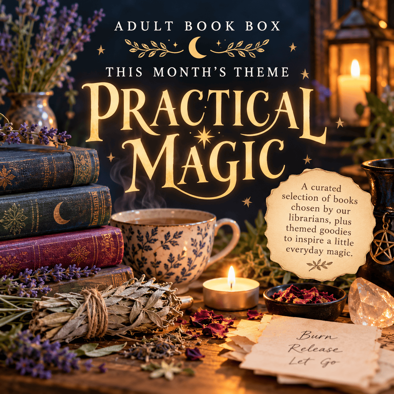 a display of old books, herbs, a teacup, lit candles, and paper with text, promoting an adult book box with the theme “practical magic” and curated book selections.