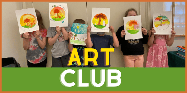 Six children stand in a row holding up their artwork in front of their faces. The words "ART CLUB" are displayed over the bottom of the image.