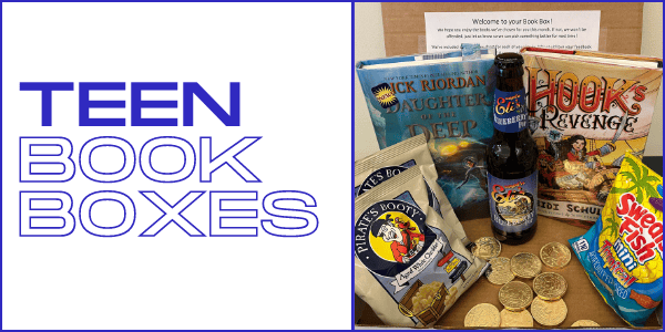 Teen Book Boxes logo on the left; on the right, assorted teen books, snacks, a drink, chocolate coins, and a note displayed together in a themed subscription box.