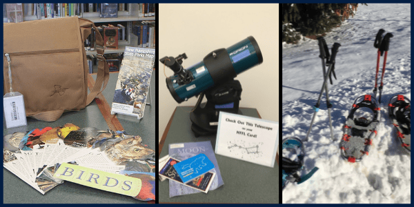 Three images: birdwatching kit with a bag, guides, and cards; a telescope with astronomy guides; and snowshoes with poles and boots in the snow.
