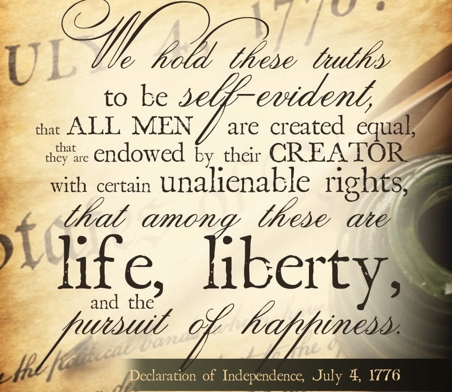 a section of the declaration of independence with the words "life, liberty, and the pursuit of happiness" highlighted in bold script.