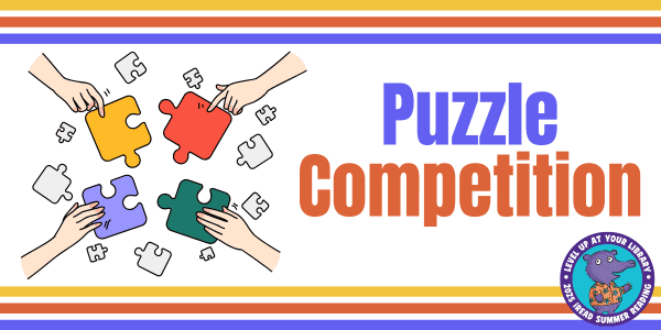 Four hands assemble colorful puzzle pieces next to bold text reading "Puzzle Competition" and a circular badge with a dinosaur and "2023 READ Summer Reading.