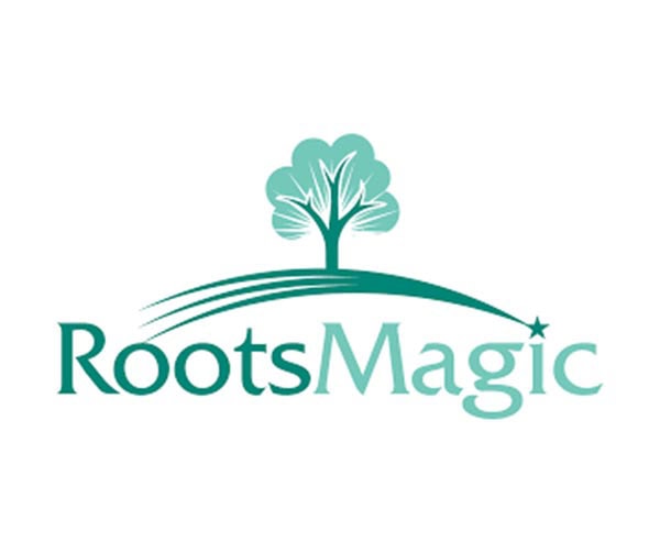 RootsMagic logo featuring a stylized tree above a curved line with a star, and the text "RootsMagic" in green and teal.