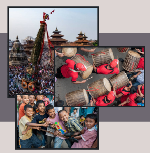 collage showing crowds at the bung dyo festival in kathmandu, people playing drums, and children smiling and holding a statue. text reads: "travel with scott faiia: the bung dyo festival in kathmandu.