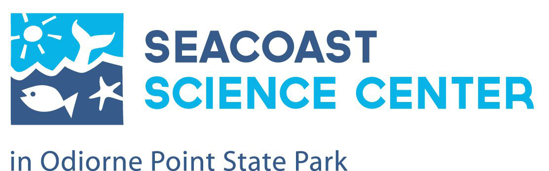 Seacoast Science Center logo featuring stylized ocean animals, a sun, and waves, with text: "Seacoast Science Center in Odiorne Point State Park.