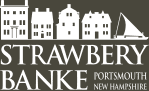 Logo for Strawbery Banke in Portsmouth, New Hampshire, featuring white silhouettes of historic buildings and a sailboat above the name.