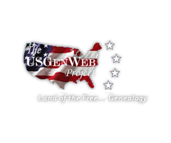 US map with American flag overlay, four stars to the right, and text: "The USGenWeb Project. Land of the Free... Genealogy.