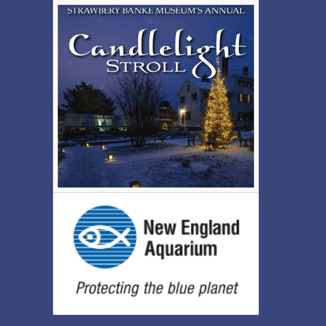 poster for strawberry banke museum's annual candlelight stroll showing a lit christmas tree at night, above the new england aquarium logo and the text "protecting the blue planet.